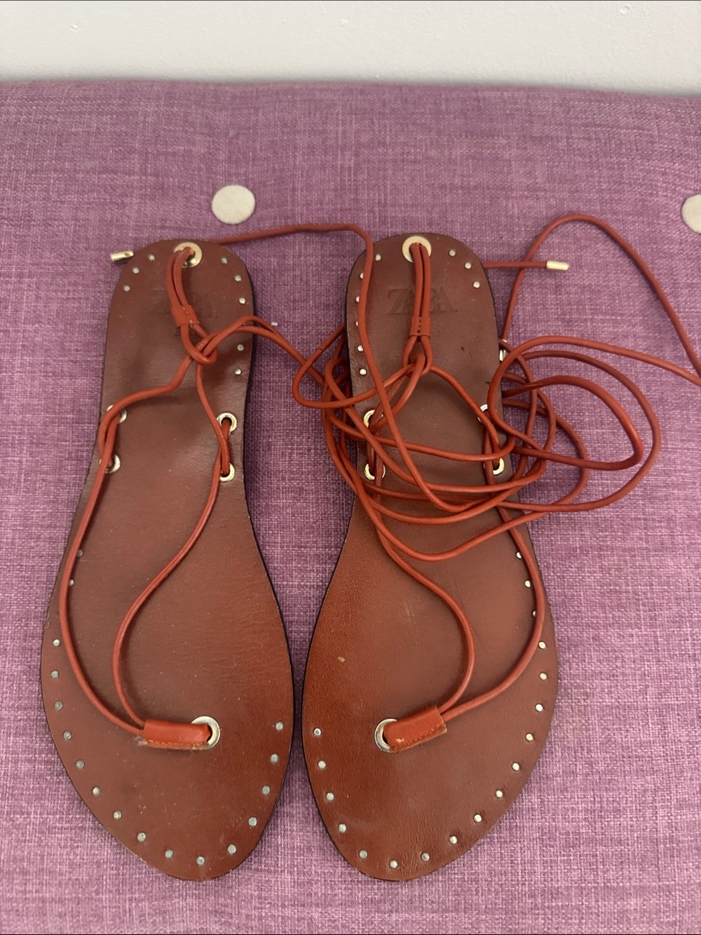 Zara Rust Brown Lace-Up Studded Leather Sandals